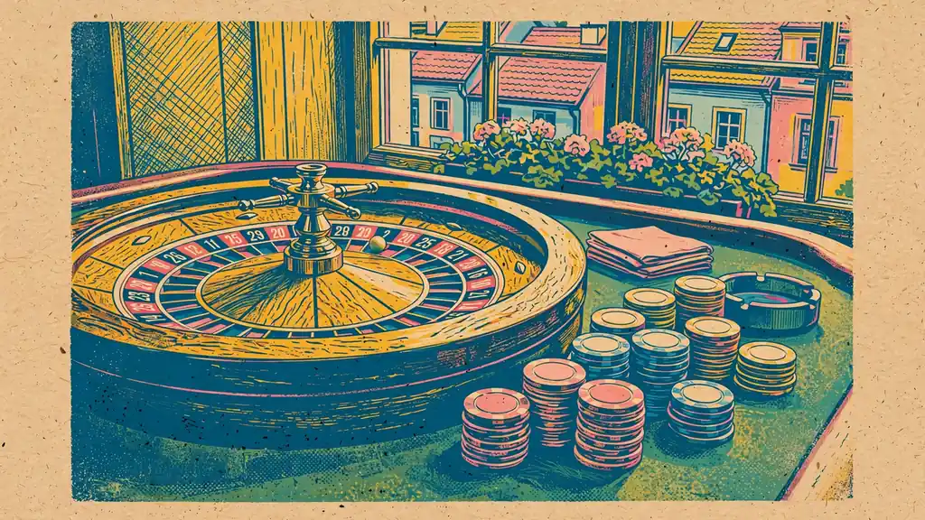 Detail dřevěného ruletového kola se žetony