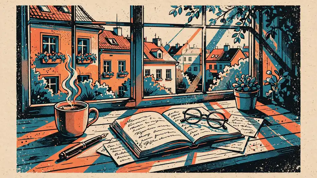 Pracovní stůl u okna s otevřeným notebookem, perem a šálkem kávy.