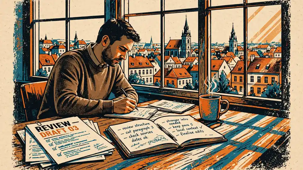 Recenzent u pracovního stolu s dokumenty a výhledem na české město