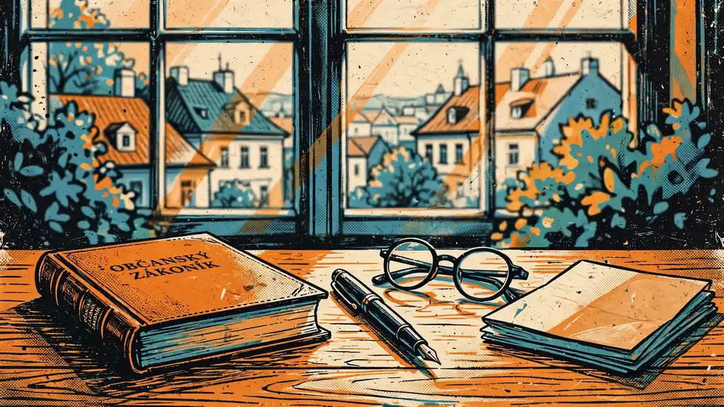 Pracovní stůl s právnickou knihou a dokumenty, v pozadí pražská historická architektura.